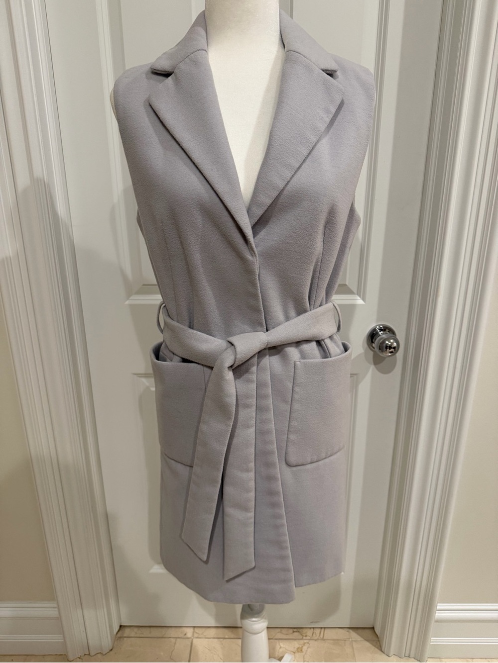 Topshop Sleeveless Tie-Belt Long Vest - Light Gray